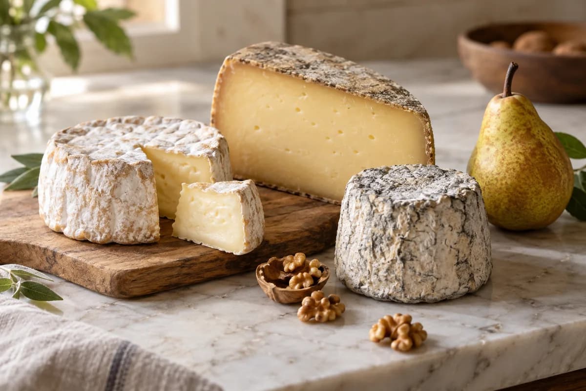 Sélection de fromages artisanaux avec une poire et quelques noix