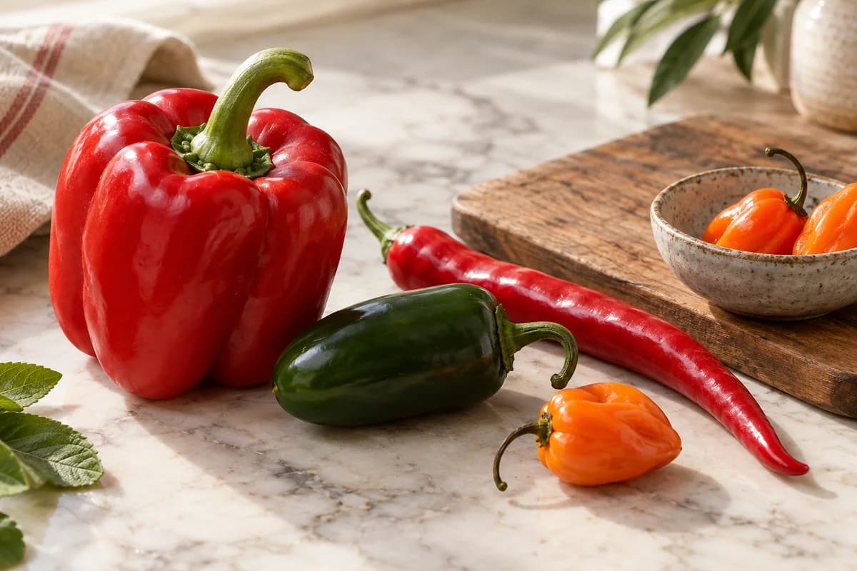 Poivron rouge et assortiment de piments frais colorés