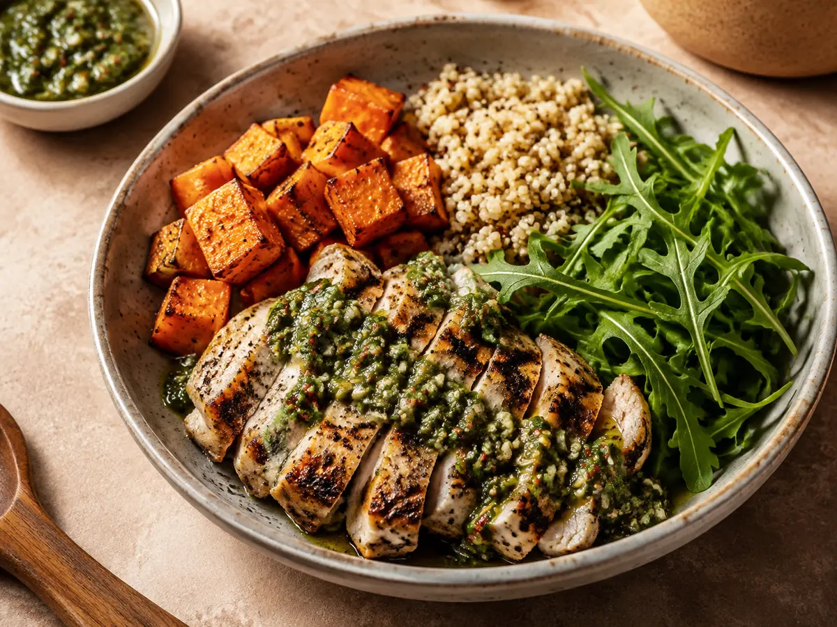 Bowl complet accompagné d’un chimichurri vert fraîchement préparé