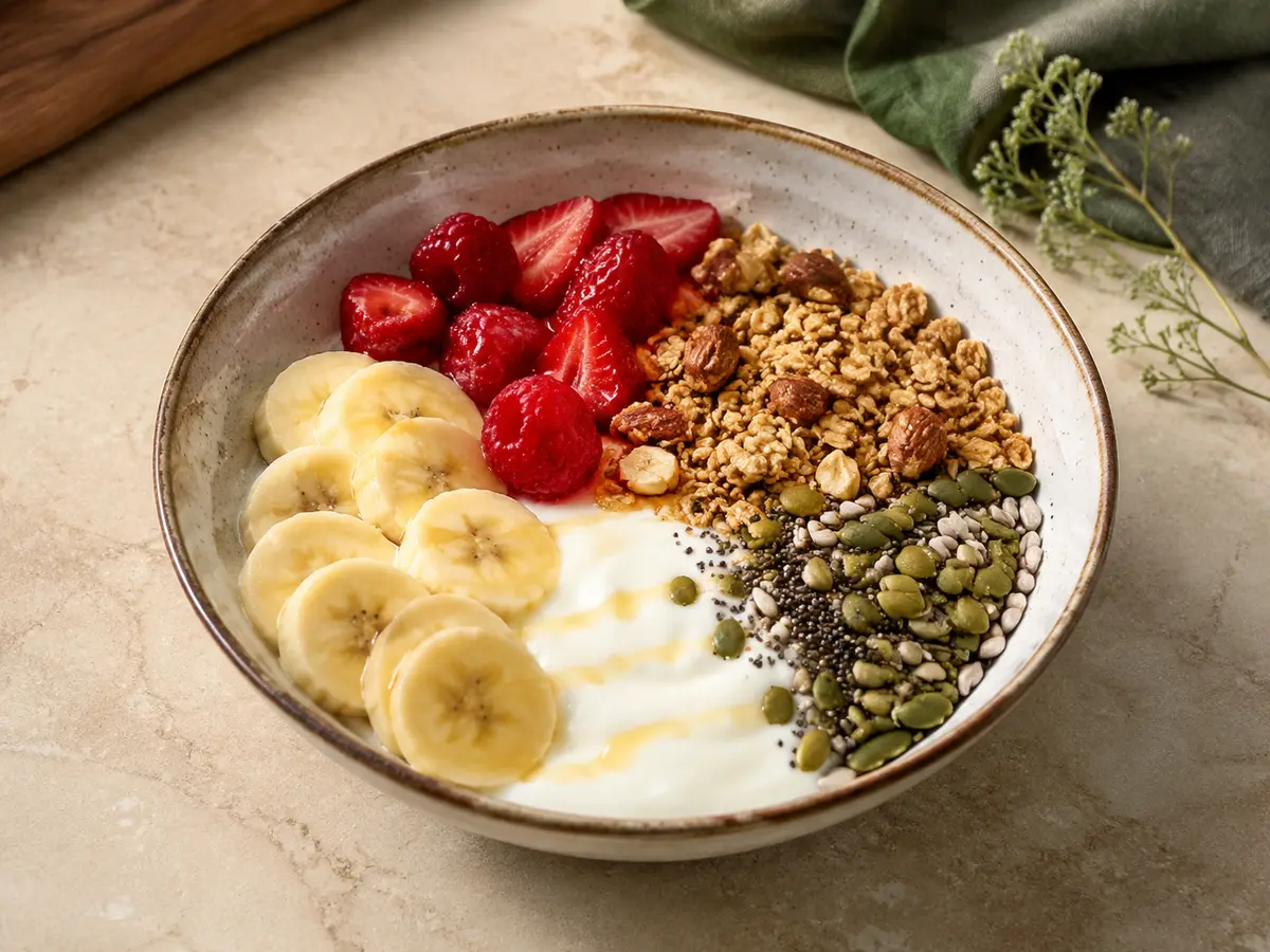 Yogourt nature garni de fruits frais et de céréales