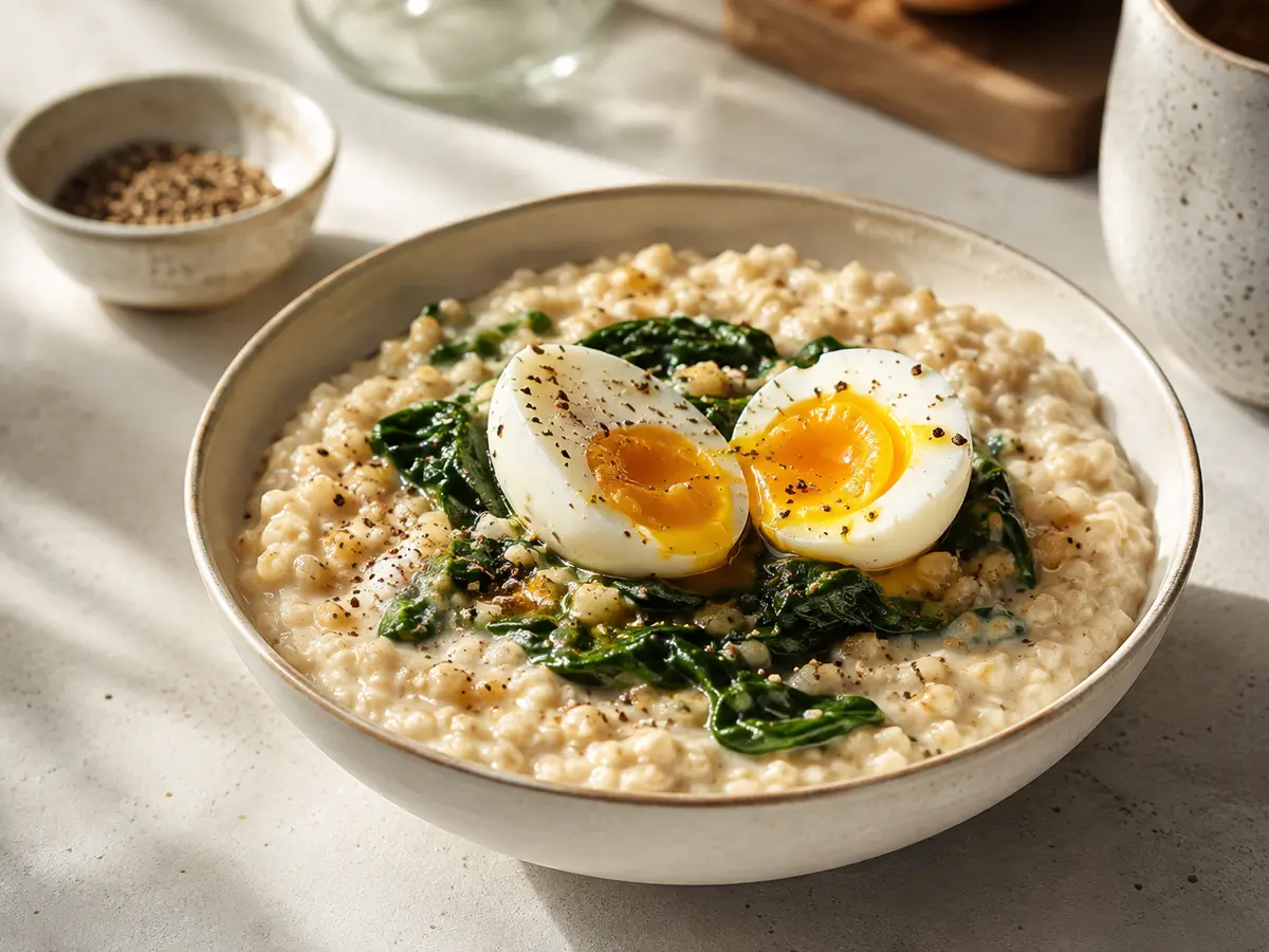 Porridge salé avec œuf, épinards et assaisonnement