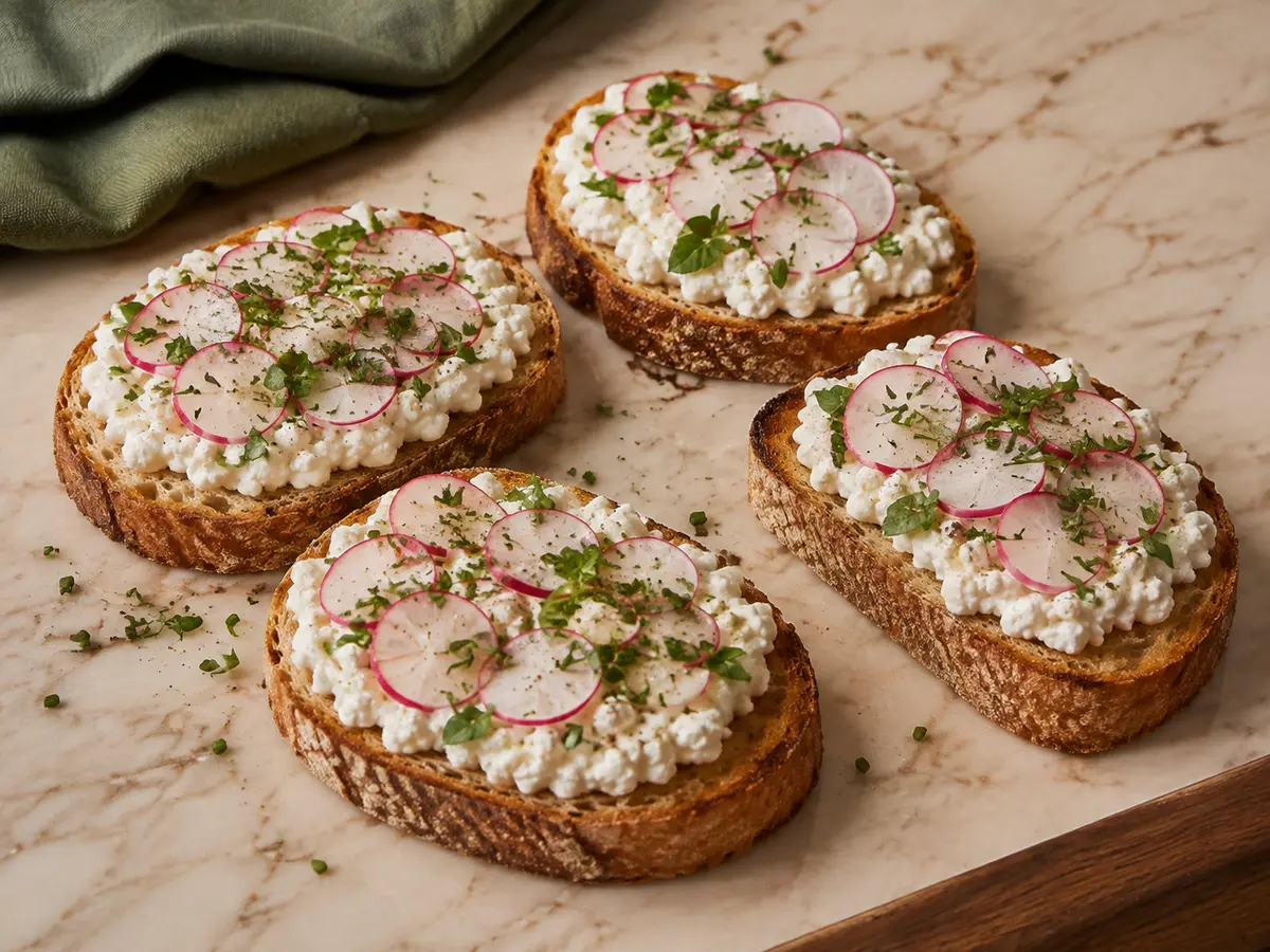 Tartine au fromage frais avec un assortiment d’herbes aromatiques