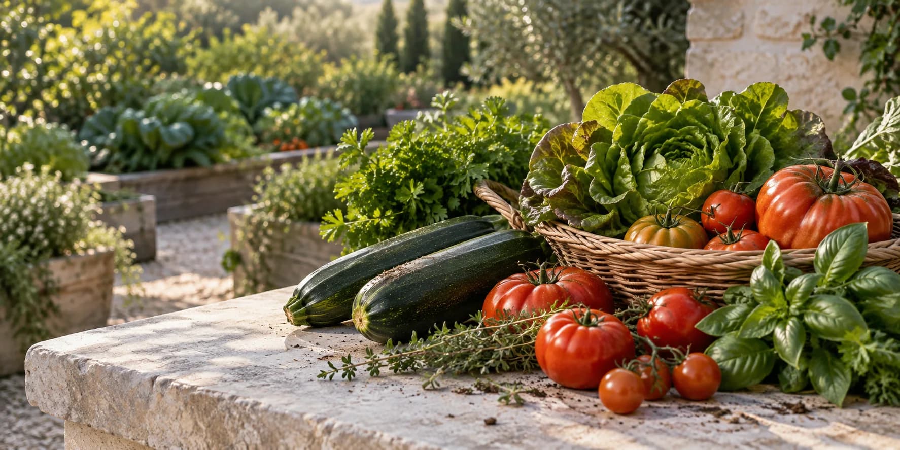 Tomates, courgettes, salade et basilic fraîchement récoltés au potager
