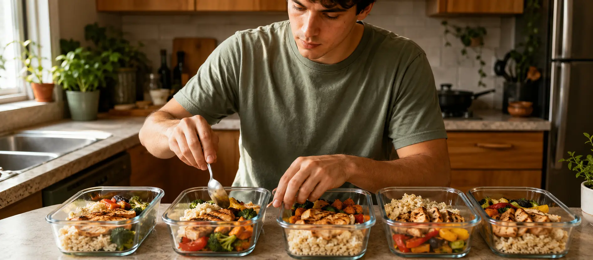 Boîtes repas et ingrédients organisés pour planifier une semaine de cuisine