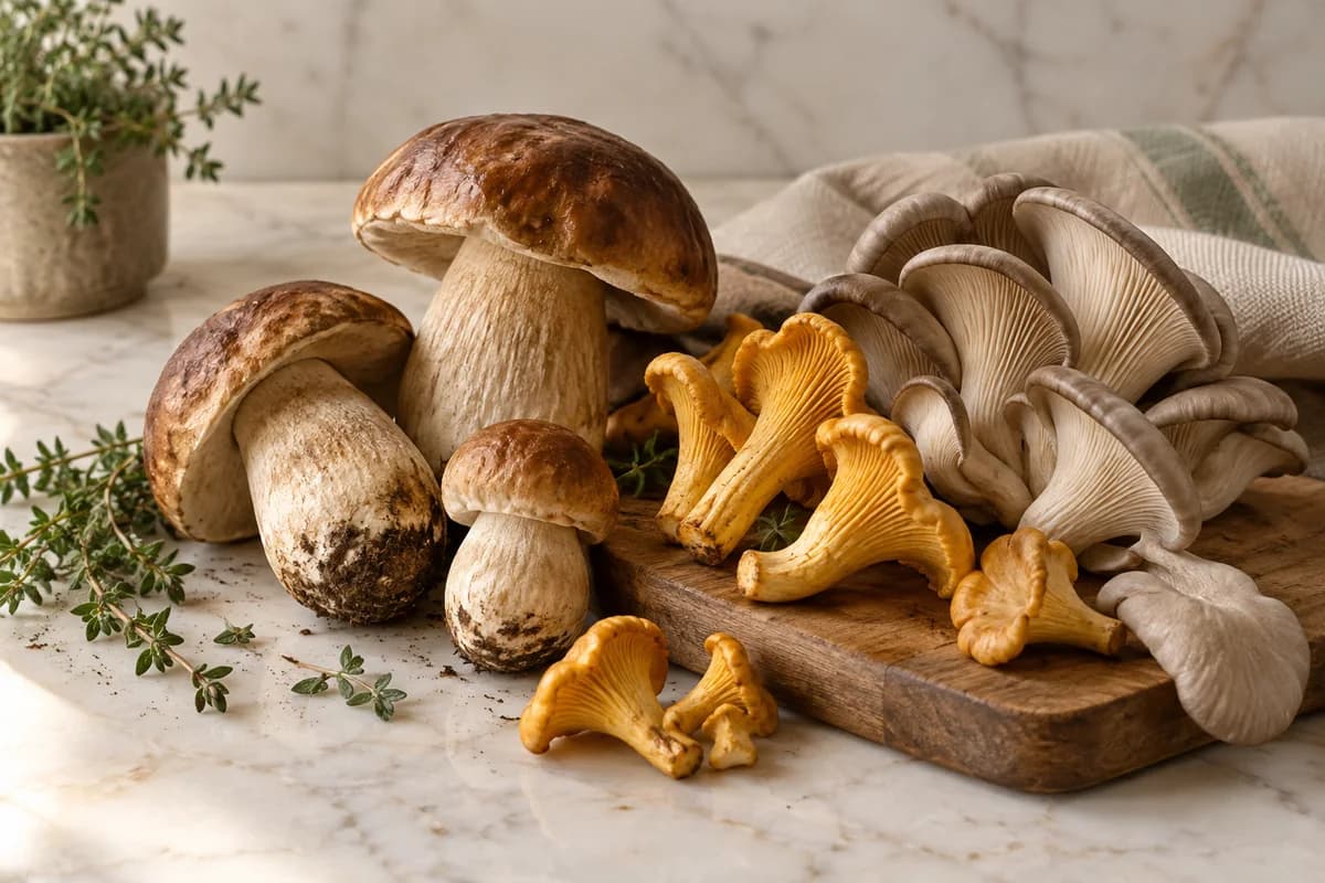 Cèpes, girolles et pleurotes disposés sur un plan de travail clair