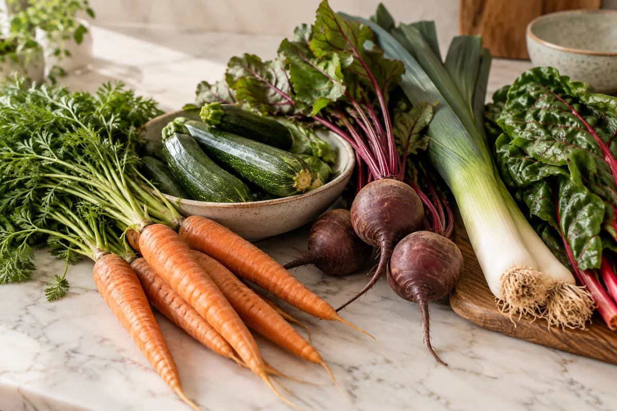 Assortiment de légumes de saison frais sur un plan de travail clair