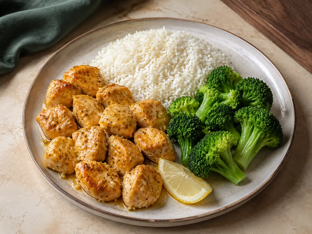 Poulet au citron accompagné de riz et de brocoli